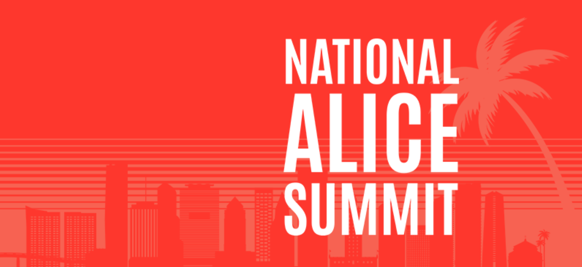 The 2026 National ALICE Summit graphic is displayed atop a vibrant red background with the Miami cityscape and a palm tree faded in the background